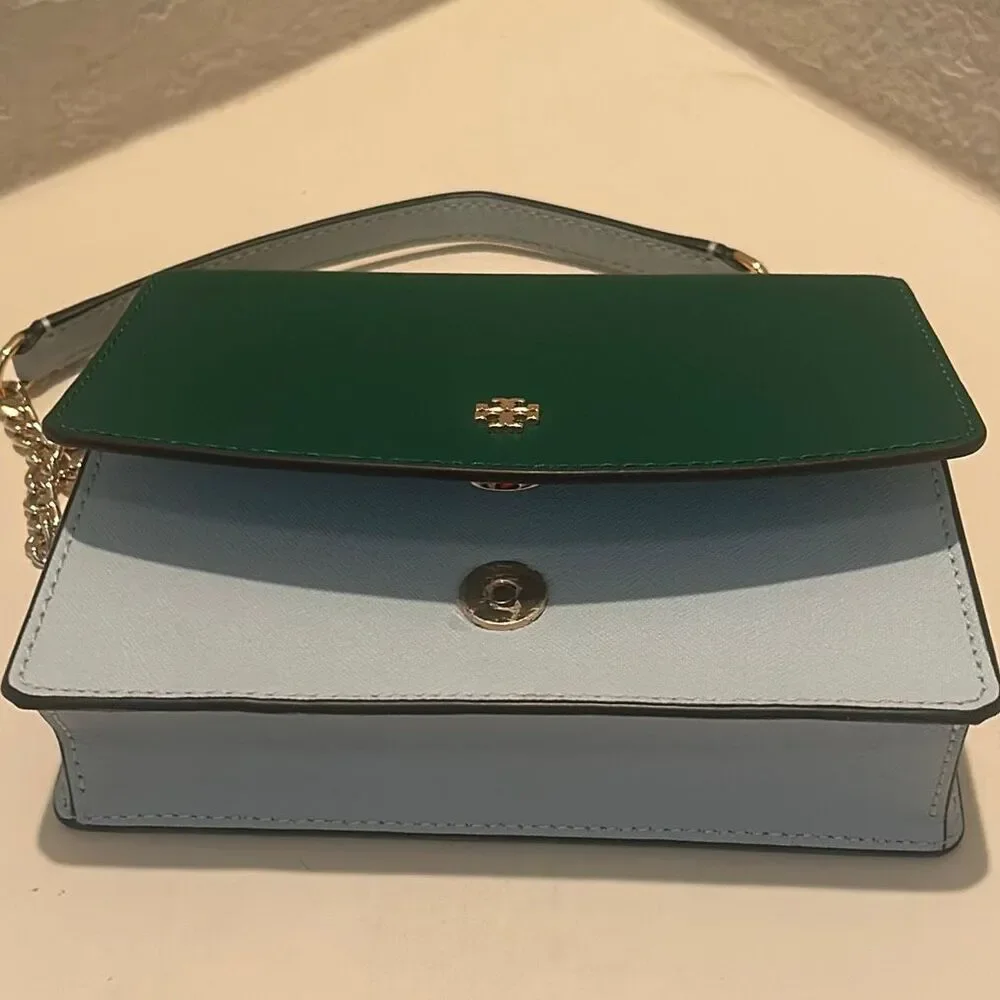 Tory Burch Emerson Colorblock Mini Shoulder Bag Green Light Blue Coastal NWT